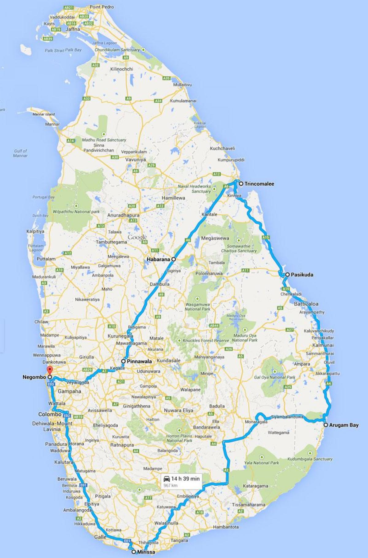 סרי לנקה החופים הטובים המפה